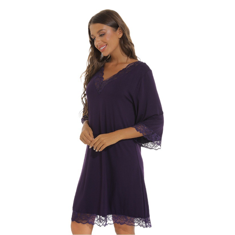 Encaje transfronterizo sexy con cuello en V puro modal algodón homewear pijamas de las mujeres más el tamaño suelto Comercio exterior camisón de manga tres cuartos