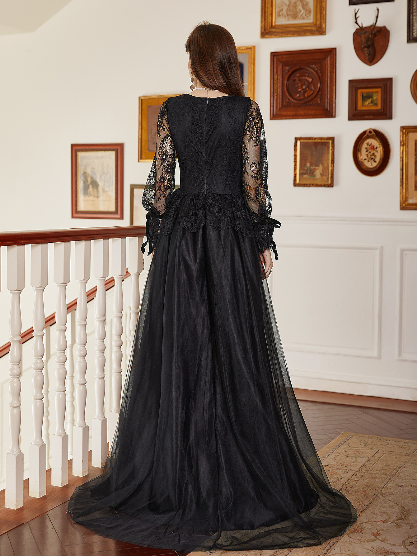 Nuevo vestido de encaje negro de manga larga, vestido largo para banquete, vestido largo, vestido de novia negro para banquete de lujo ligero 2025