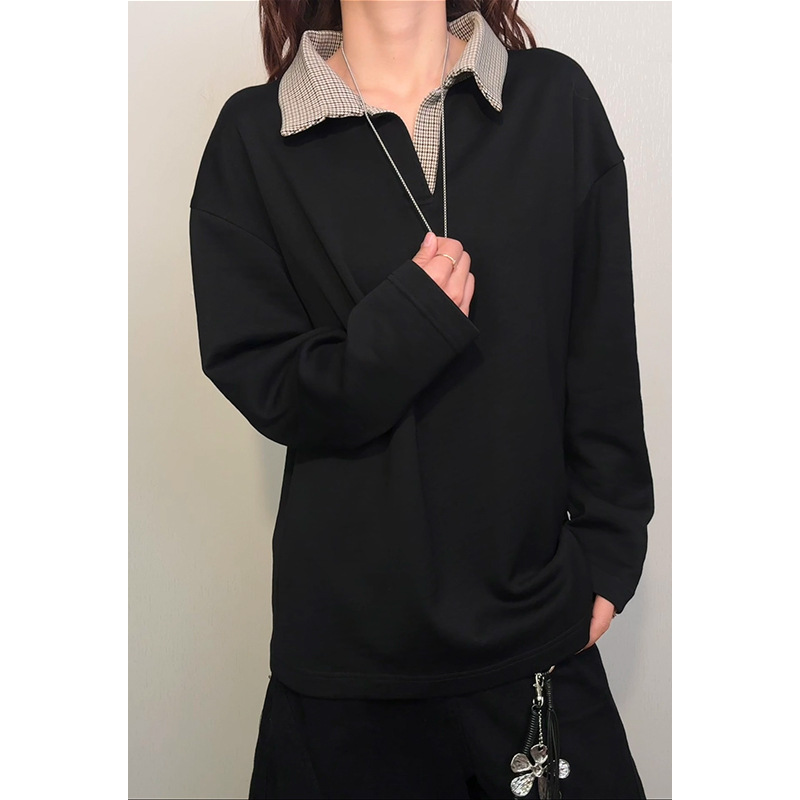 Sweatshirt met pied-de-poulepatroon in Amerikaanse stijl voor dames, nieuw trendy losvallend T-shirt met lange mouwen voor de lente en herfst._voghion.com