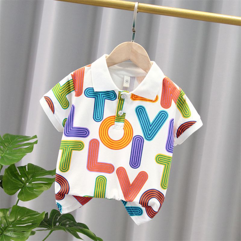 T092-Line letter POLO shirt-simple, fashionable, comfortable and versatile summer T-shirt children's clothing