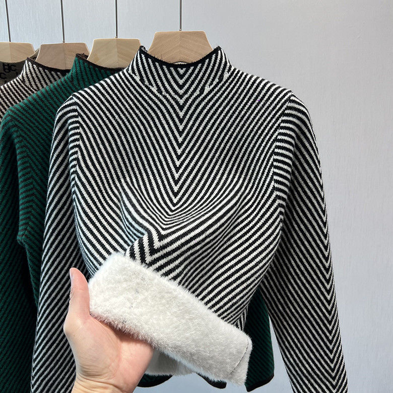 【 Cashmere Family 】 Women's Warm One Fleece Thick with Velvet Stripe Inner Half High Collar Wool Base Sweater_voghion.com