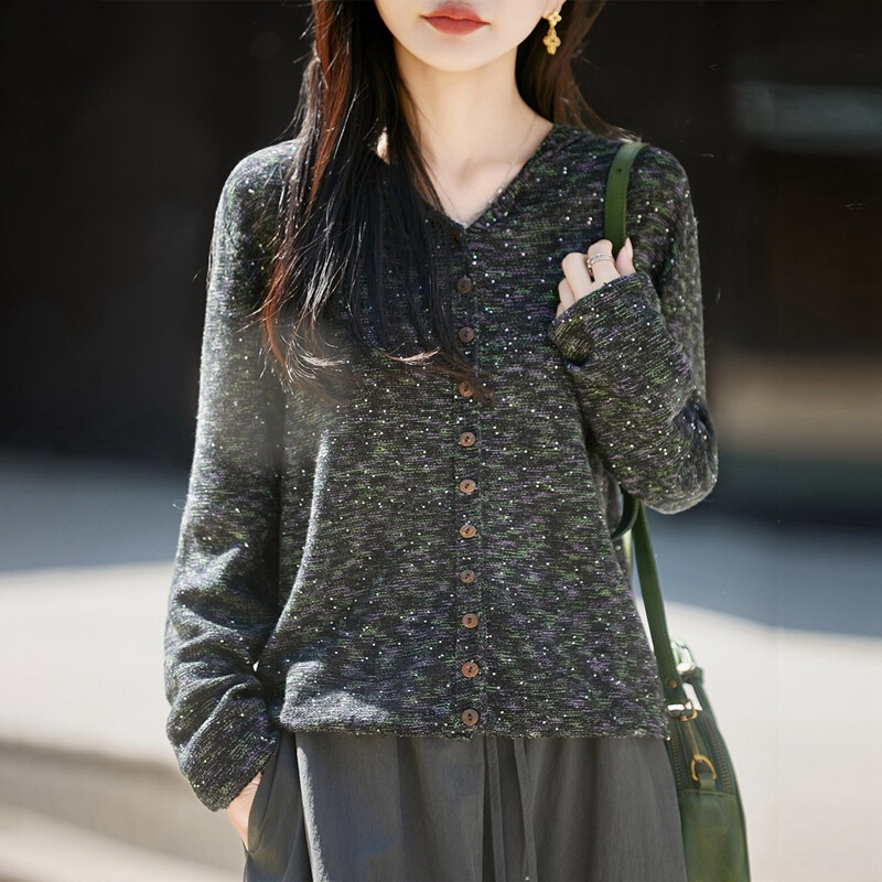 26 Spring and Summer New Women's Linen Cotton Iridescent Sequin Thin Hooded Cardigan Long-Sleeve Casual Versatile Fashion Knitwear