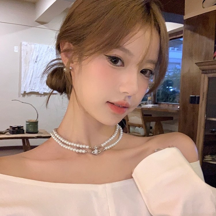 [Peach Tea] Sweet Desire Master Double-Layer Saturn Pearl Necklace Light Luxury Niche Choker Necklace Accessories for Women