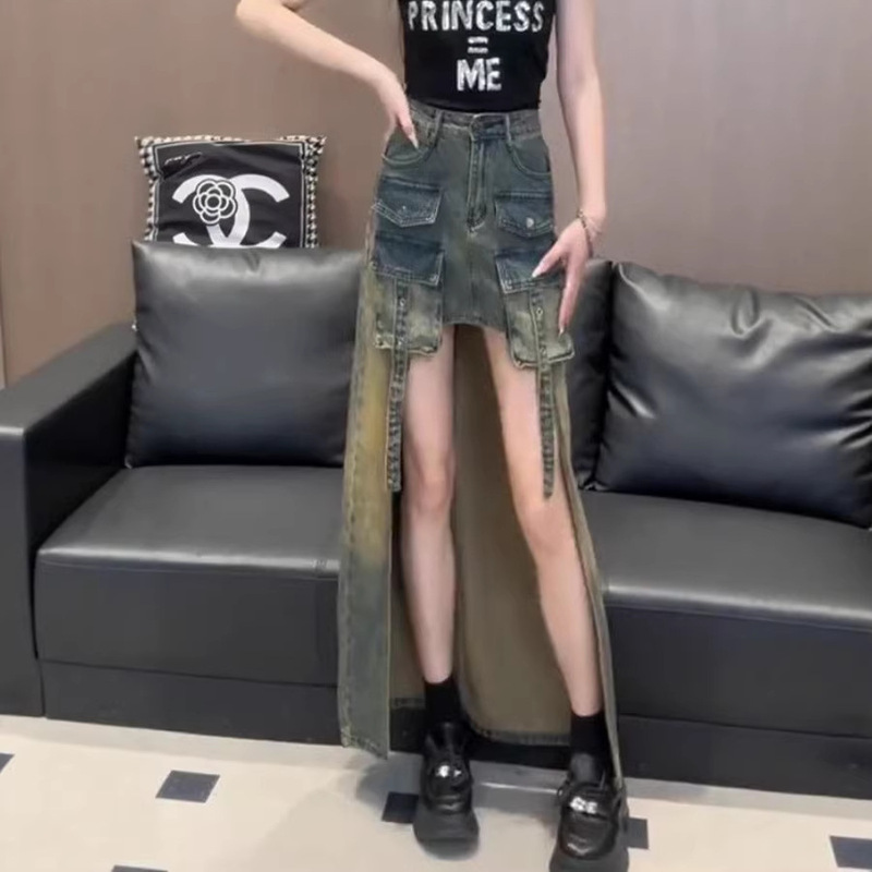 2026 Summer New Vintage Distressed Workwear Pocket High-Waisted Slimming Slit Denim Skirt Long Skirt for Women