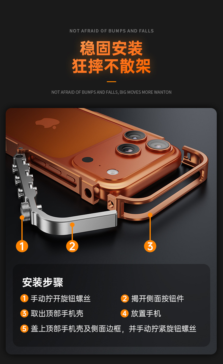 Ốp lưng iPhone viền nhôm chống sốc, khung hợp kim bảo vệ toàn diện cho 17 Pro Max / 16 Pro — Bạc, Xanh dương, Cam, Đen chi tiết 9
