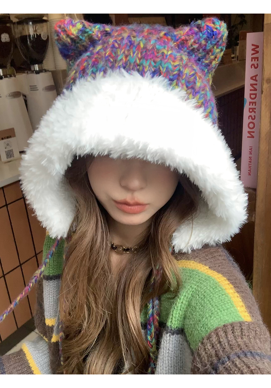 Cute Ears, Big Headband, Colorful Thick Wool Knitted Hat, Women's Autumn and Winter Warmth, Show Face, Small Plush_voghion.com