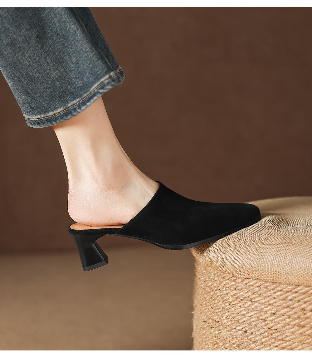 Sandal cao gót nữ mũi vuông da lộn, gót 7 cm, kiểu dáng nửa kéo — đen chi tiết 20