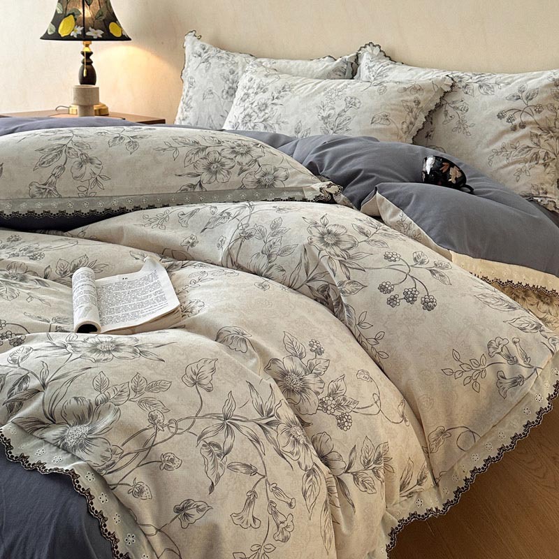 Nordic French Vintage Boho French Vintage Style Pure Cotton Brushed Four-piece Bedding Set, All-cotton Duvet Cover, Bed Sheet, Three-piece Fitted_voghion.com