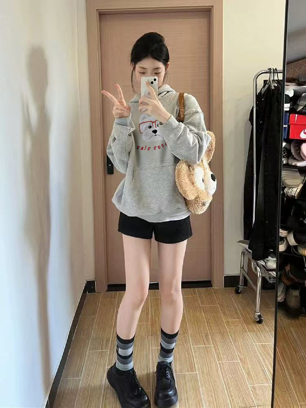 浅灰色卫衣女2025秋新款重磅棉银狐绒连帽衫美式宽松|undefined