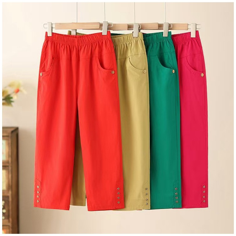 2025夏装松紧腰阔腿裤子加肥加大码女装奶奶松紧腰休闲老太太裤子