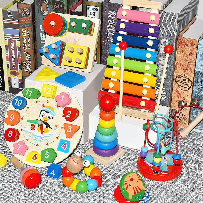 儿童八音敲琴穿线时钟彩虹塔四套柱形状板扭扭虫宝宝益智早教玩具