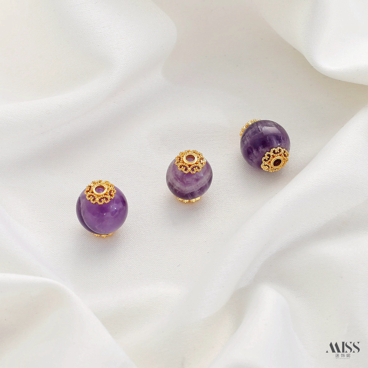 Inlaid with natural amethyst, plated with real gold and thick silver, angel and osmanthus drop-shaped decorative bead pendant DIY jewelry accessories