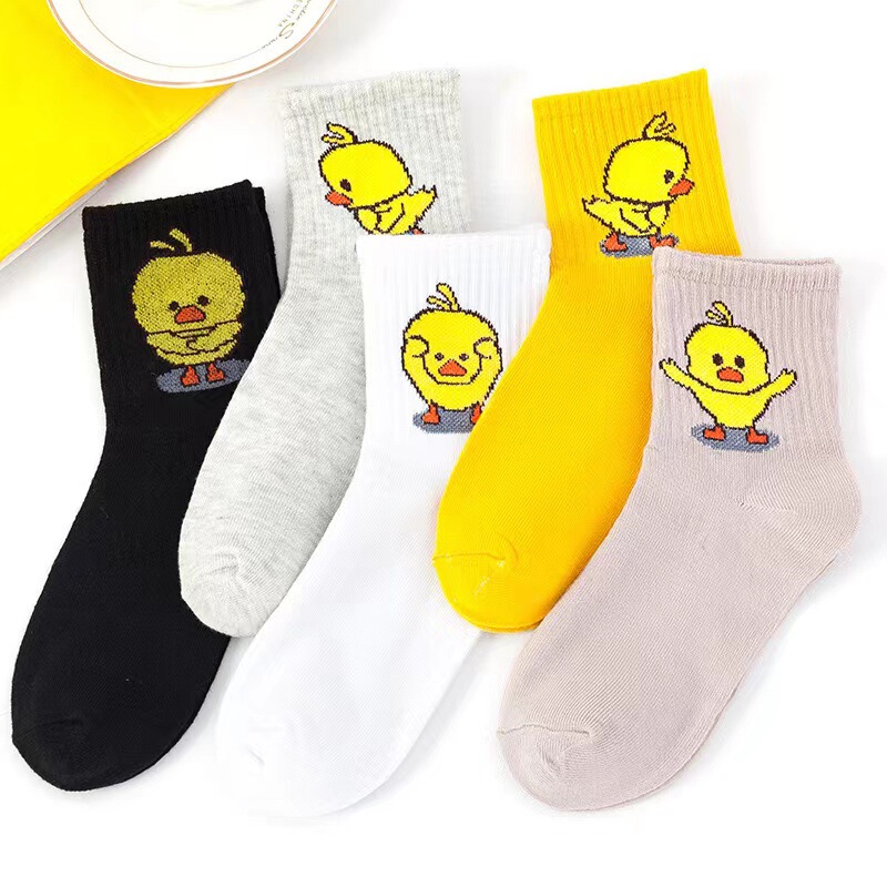 Zhuji Socks for Women Korean Style Mid-Calf Socks Harajuku Style Japanese Cartoon Trendy College Style Cute Little Yellow Duck Long Socks