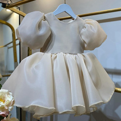 女童禮服新款香檳色緞面花童一周歲生日女孩泡泡袖公主裙廠家直銷