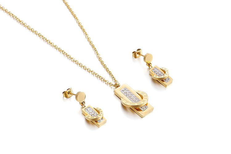 wholesale fashion geometric diamond pendant titanium steel earrings necklace set Nihaojewelry