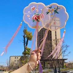 新古風半透刺繍リボン団扇長柄古着撮影道具扇子破雲舞踏扇卸売り