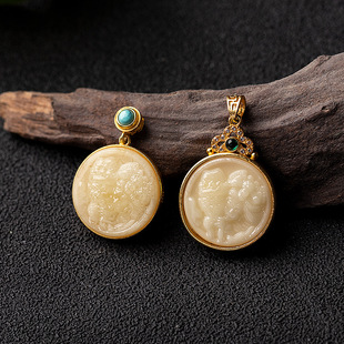 925 Silver Plated with Natural Amber White Beeswax Past and Present Auspicious Eight Treasures Burned Blue Round Pendant Necklace