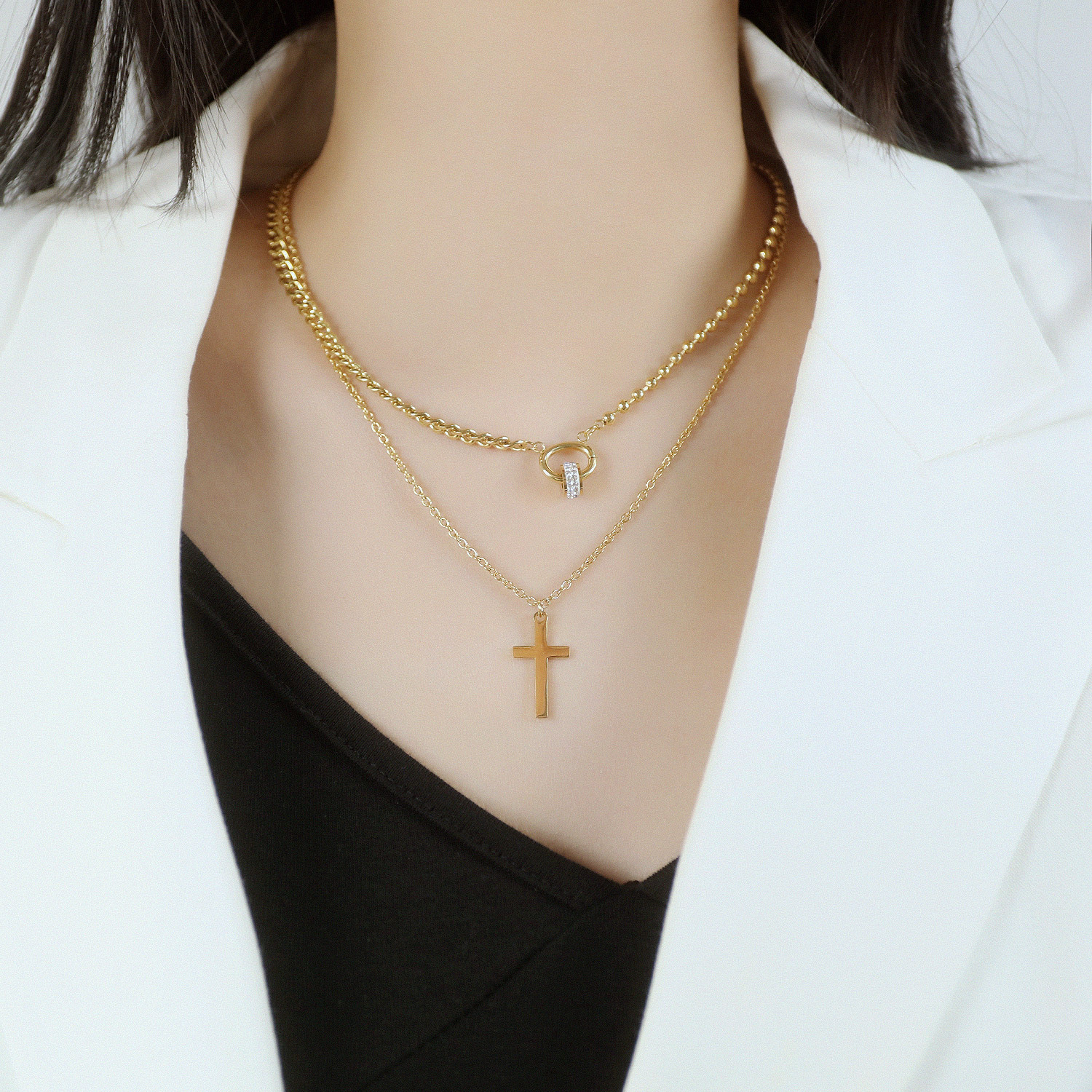 歐美跨境飾品 復(fù)古ins風(fēng)十字架鎖骨鏈 ins潮圓環(huán)雙層鈦鋼項(xiàng)鏈女