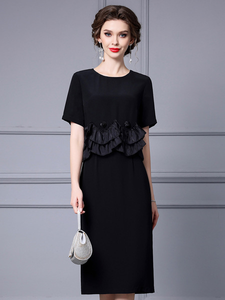 Zhili Black Young Mom High Waist Skirt 3D Ruffle Edge Spliced Short Sleeve Acetic Acid Dress 2024 Summer