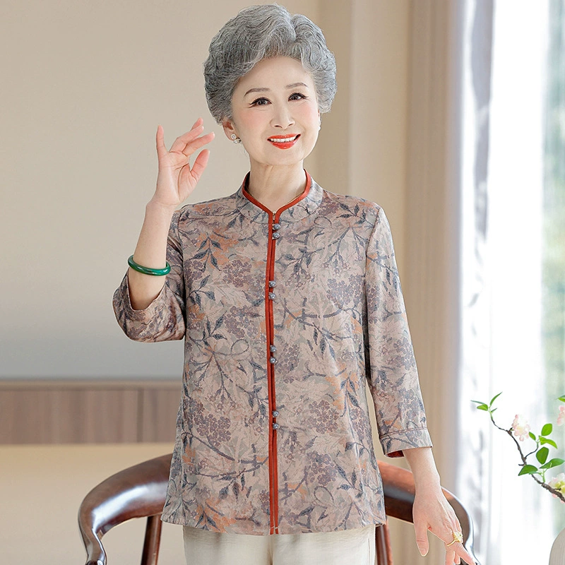 Пожилой летний женский новый топ национальный стиль бабушкиной рубашки с девятью рукавами 70-летняя женщина весенняя рубашка с круглым вырезом