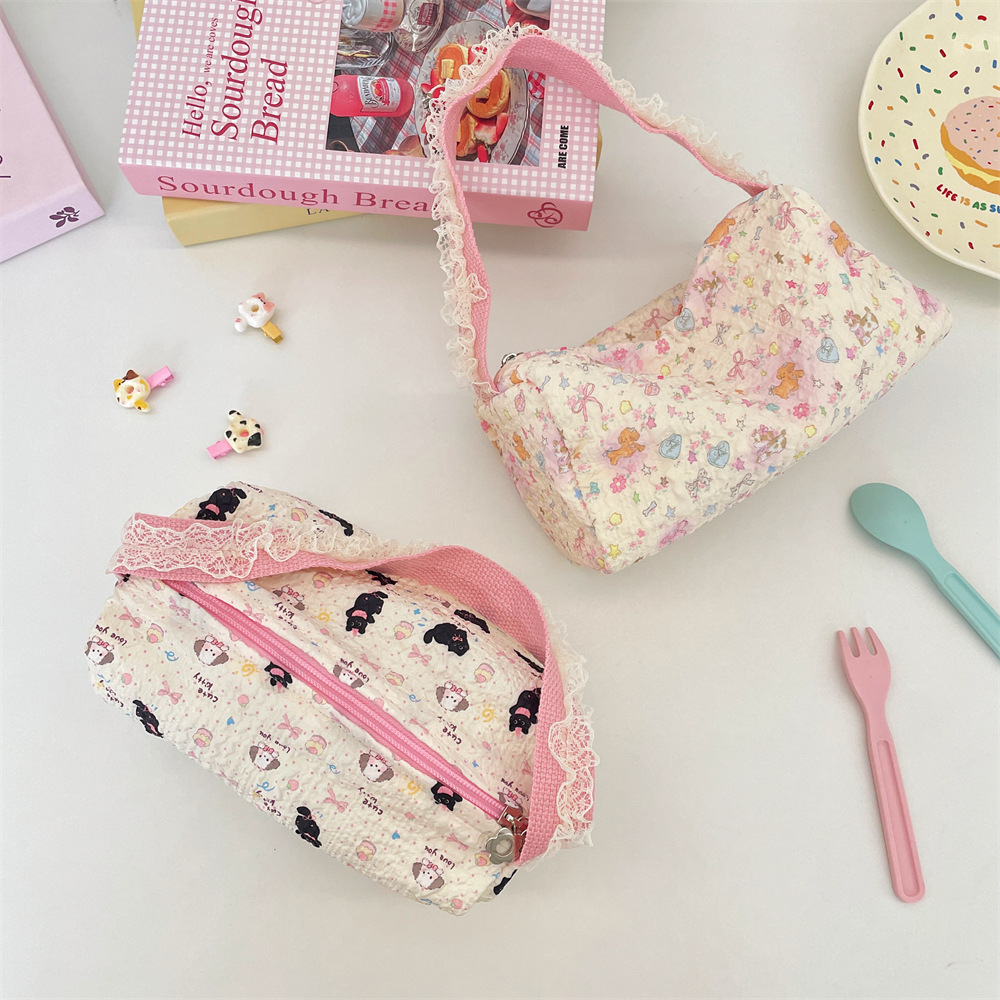 Einkaufstasche aus Canvas mit Cartoon-Prägung und Spitze für Damen, ideal für Studentinnen und als Handytasche_voghion.com