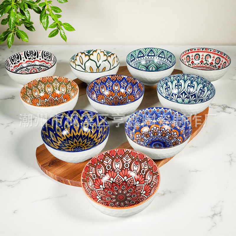 Bohemian Underglaze High-Value Ceramic Bowl for Home Use, Rice Bowl, Trendy Tableware, Japanese-Style Small Bowl, Creative Soup Bowl