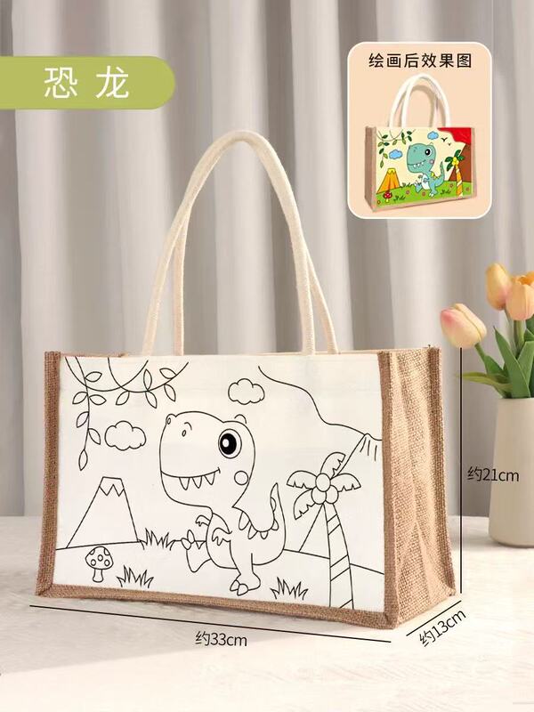 子供の手描きキャンバスバッグ diy 空白線画ポータブル落書きリネンバッグ手作り幼稚園絵画バッグ|undefined
