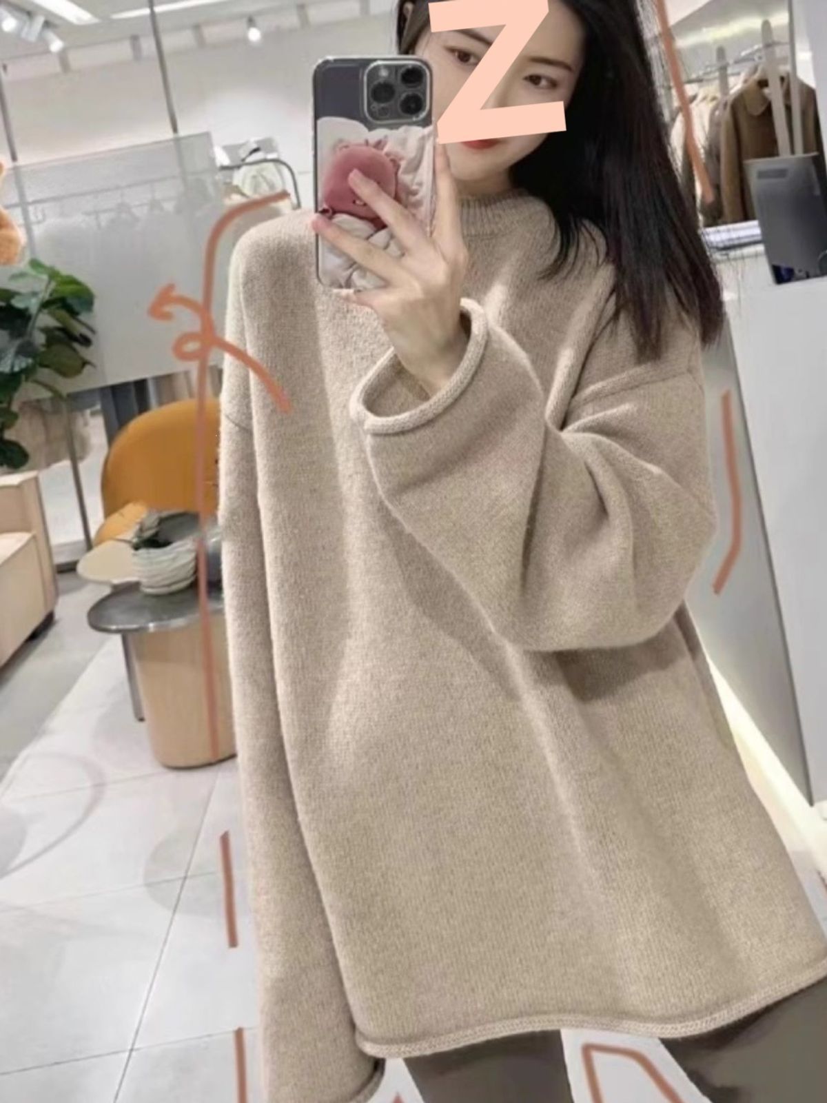 Autumn and winter round-neck cashmere sweater for women, thick and loose-fitting, in a relaxed style, mid-length, covering the hips, wool knit base layer