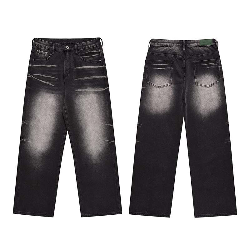 Men’s High American Cat Bead Tie Dyed Washed Old Jeans Street Trendy Straight Tube Loose Slimming Casual Pants