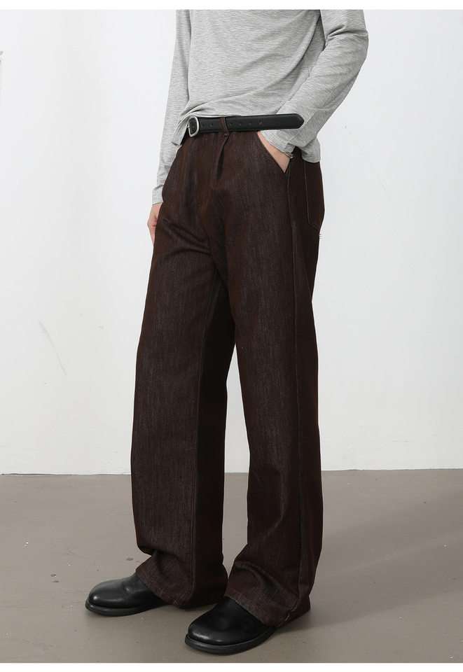 Quần jean nam ống rộng lưng trung, phom suông thoải mái, vải denim phối lụa sợi tổng hợp xếp li nhẹ — Cao bồi xanh, Cao bồi đen, Màu cà phê đậm chi tiết 11