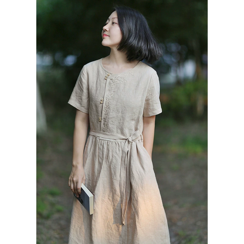 2021 Летняя женская одежда, однотонное длинное платье из конопли с художественной вышивкой, длинное платье с круглым вырезом и короткими рукавами на шнуровке