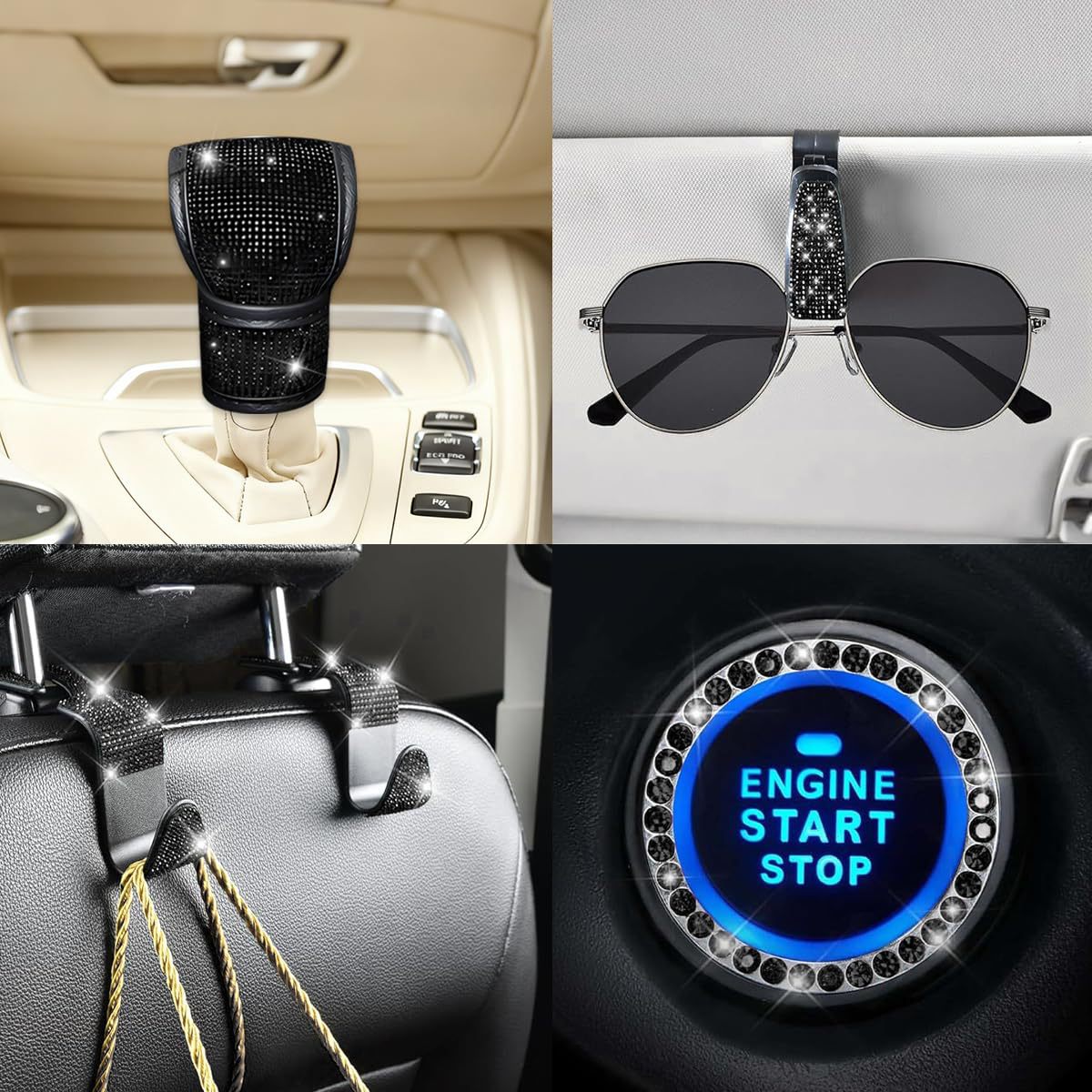 11-Piece Car Interior Set with Diamond-Encrusted Steering Wheel Cover, Car Hook, Glasses Holder, One-Touch Start Ring