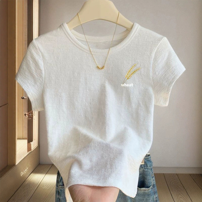 White Textured Straight-Shoulder Short-Sleeve T-Shirt for Women, 2026 New Summer Trendy Printed Slim-Fit Top