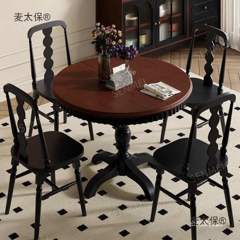 Medieval Style Pure Solid Wood Retractable Folding Round Dining Table and Chair Combination Small Apartment French Retro American Metabo