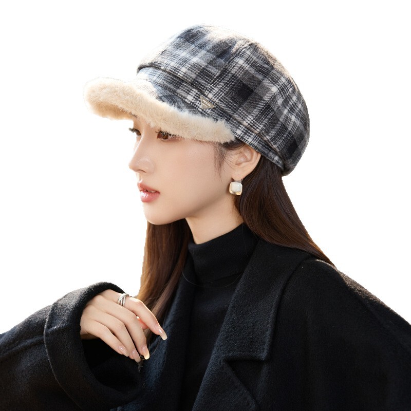 秋冬季帽子女气质复古格子条纹八角帽经典百搭毛绒保暖加厚画家帽|undefined