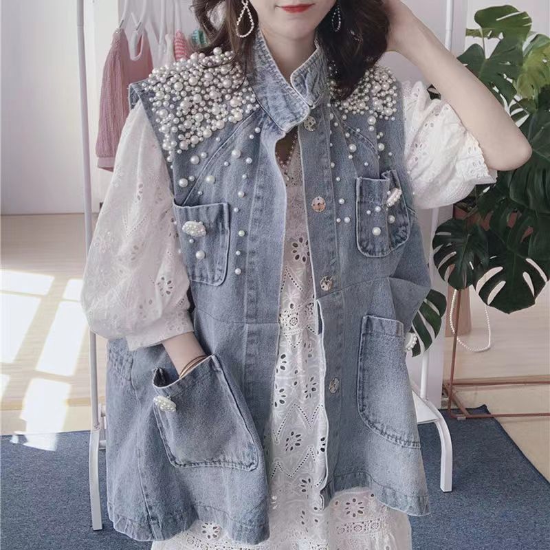 Denim Vest Women's 2022 Spring and Summer New Arrival Heavy-duty Shoulder Pearl Coat Blanket Loose Jacket Trendy Cardigan