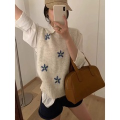 韩系刺绣无袖针织背心马甲女春秋季外搭叠穿圆领毛衣叠穿坎肩马夹