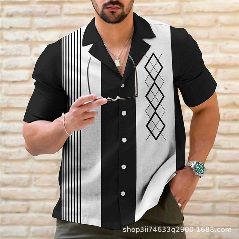 New Cross-Border Export 3D Printed Bowling Shirt Stripesd Pattern Thin Casual Beach Short-Sleeved Hawaiian Shirt