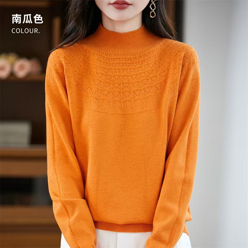 Dropshipping—Autumn and Winter Half Turtleneck Cut Out Knitwear for Women, Slim and Elegant Long-Sleeved Knitwear, Versatile Loose Top Dropshipping—Autumn and Winter Half Turtleneck Cut Out Knitwear for Women, Slim and Elegant Long-Sleeved Knitwear, Versatile Loose Top