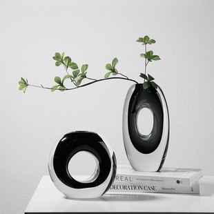 Modern living room flower arrangement ink painting round hole glass flower model room hallway dining table light luxury high-end vase soft decoration