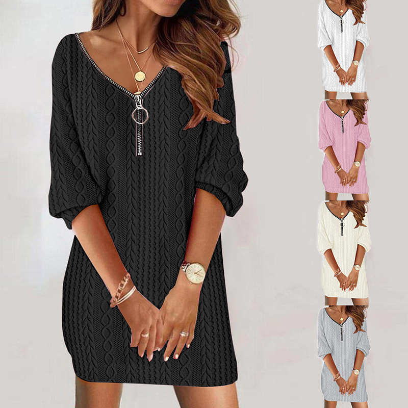 2023 Independent Station Wish Amazon Hot Style Autumn and Winter Simple Pure Color V Neck Knitted Long-Sleeved Dress for Women