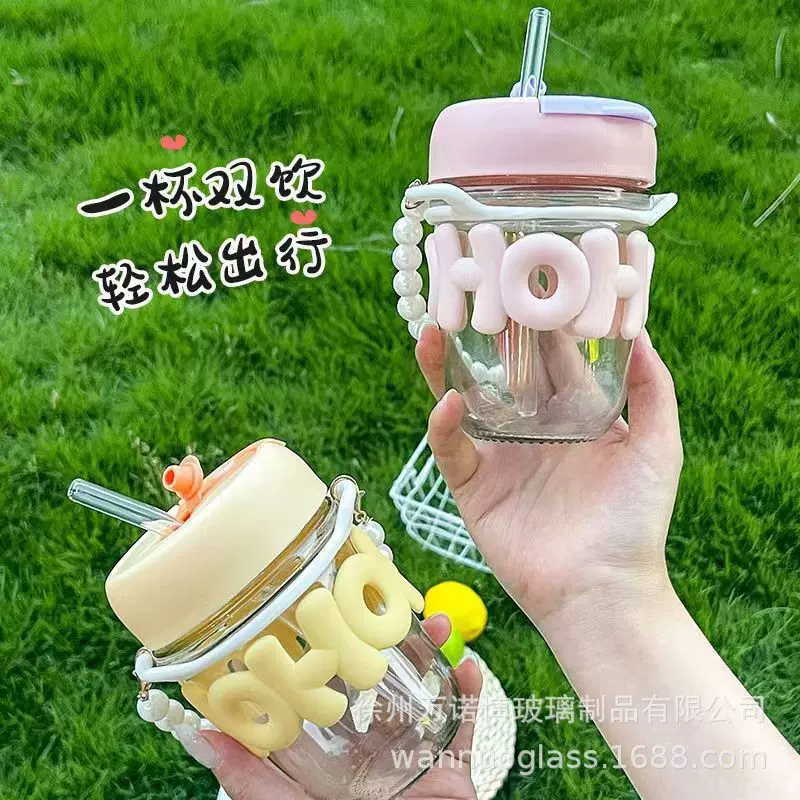 创意玻璃字母竹节杯高颜值咖啡果汁奶茶杯广告宣传开业吸管玻璃杯