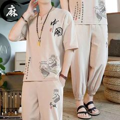 Douyin 人気の中国風リネンスーツメンズレトロトレンディ仏教半袖 Tシャツ綿とリネンの夏の 2 点セット