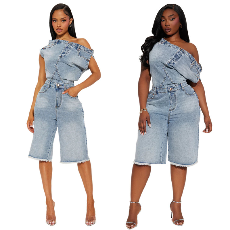 6063 Cross-Border Amazon New European and American Casual Fashion Strapless One-Shoulder Slim Denim Jumpsuit 6063 Cross-Border Amazon New European and American Casual Fashion Strapless One-Shoulder Slim Denim Jumpsuit