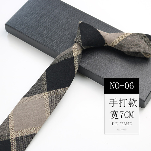 Tie for men Korean style retro British 7cm narrow black and gray striped plaid cotton and linen shirt student style hand-tied