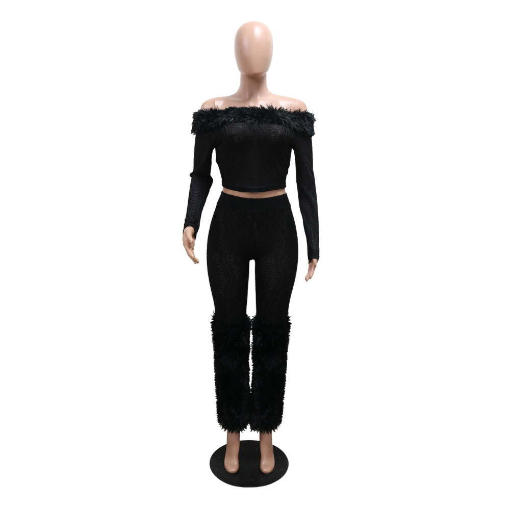 Women Long Sleeved off Shoulder Top Slim Trousers Furry Two Piece Set