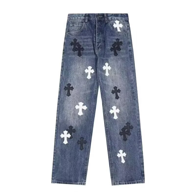 Cross-Border Authentic Ch Chrome Hearts Cross Leather Label Washed Jeans Couple Street Style Loose Denim Pants Wholesale