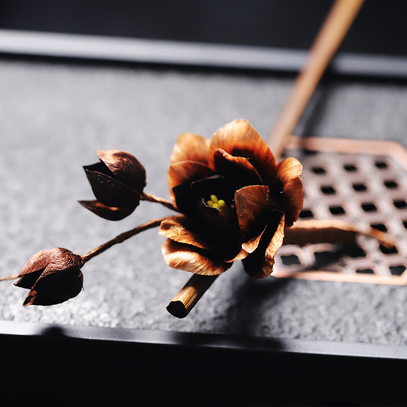 茶牡丹 中国風無形文化遺産 シルクベルベットの花のヘアピン 茶色の花の白檀のヘアピン 古代風馬面スカートの頭飾り 優しいギフト|undefined