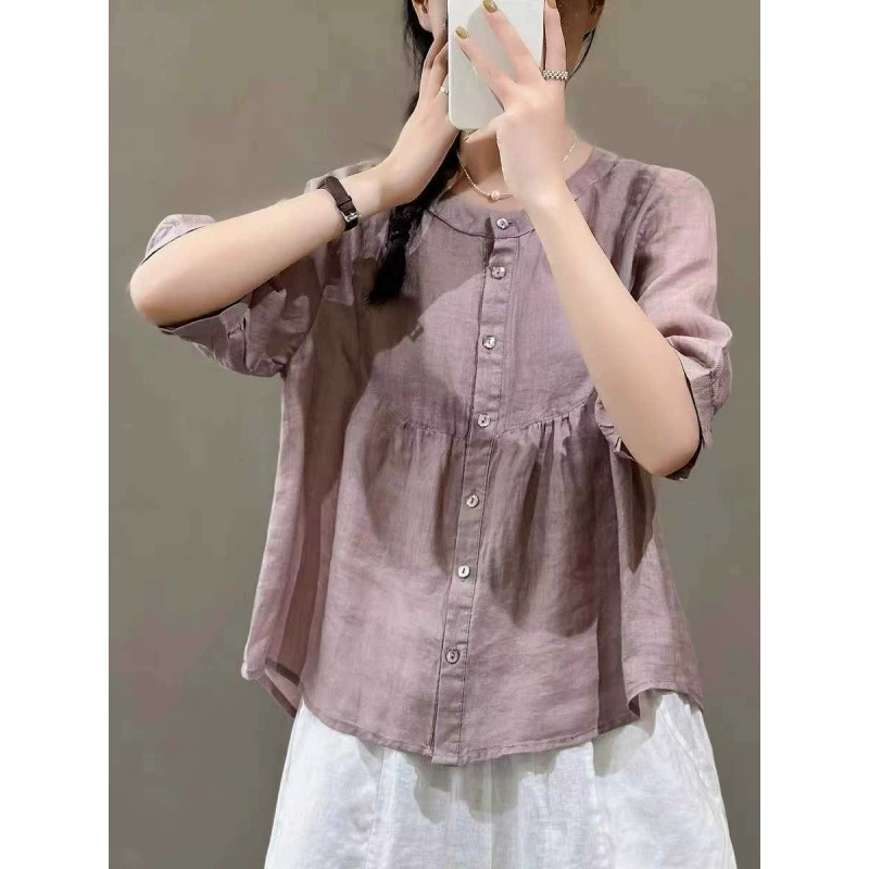 Экспортная оригинальная рубашка из высококачественного японского ретро-рами с вырезом этикетки для женщин, летний тонкий повседневный свободный топ.