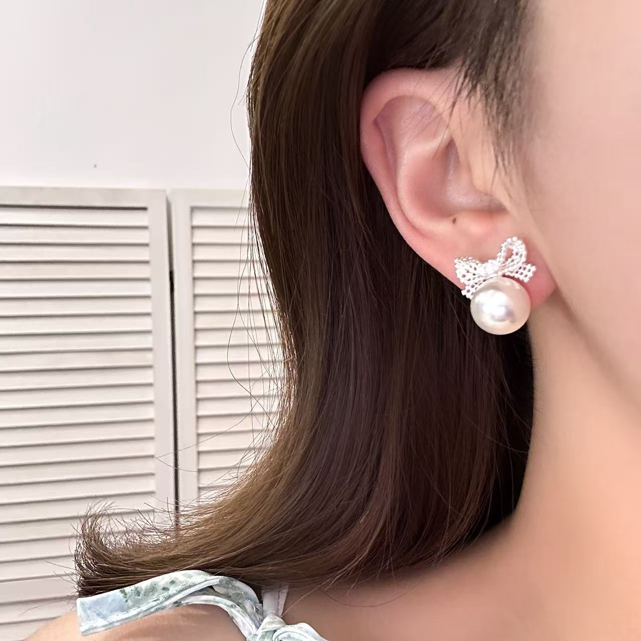 발레 레이스 리본 실버 진주 귀걸이 여성 심플 패션 이어링 E1854